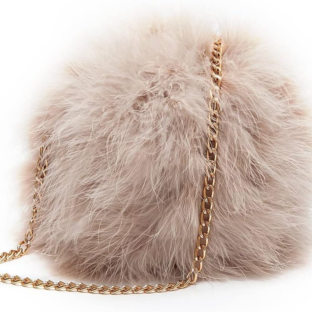 Women's Faux Fluffy Feather Round Clutch Shoulder Bag